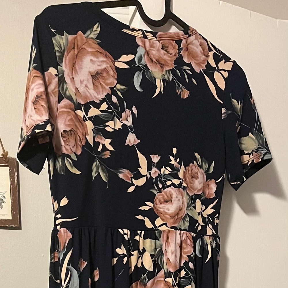 Floral Fit & Flare Midi Dress in Navy with Blush Roses